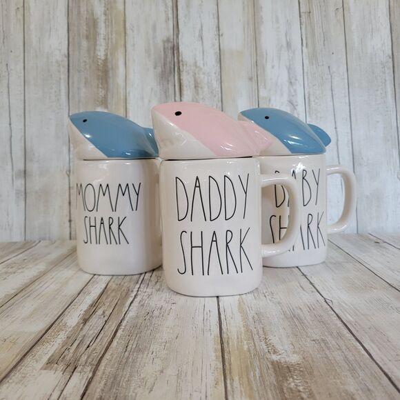 Rae Dunn Baby Daddy Mommy Shark Mug set of 3